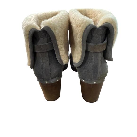 UGG Lynnea Gray Nubuck Leather Shearling Lined Wood Heel Boots Women's 5 Winter - Picture 4 of 5